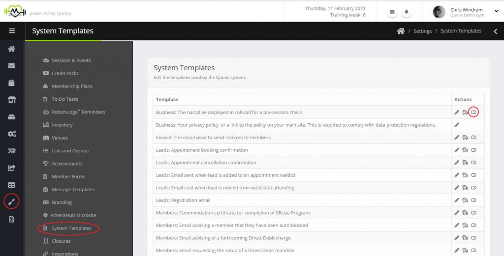 System template listing