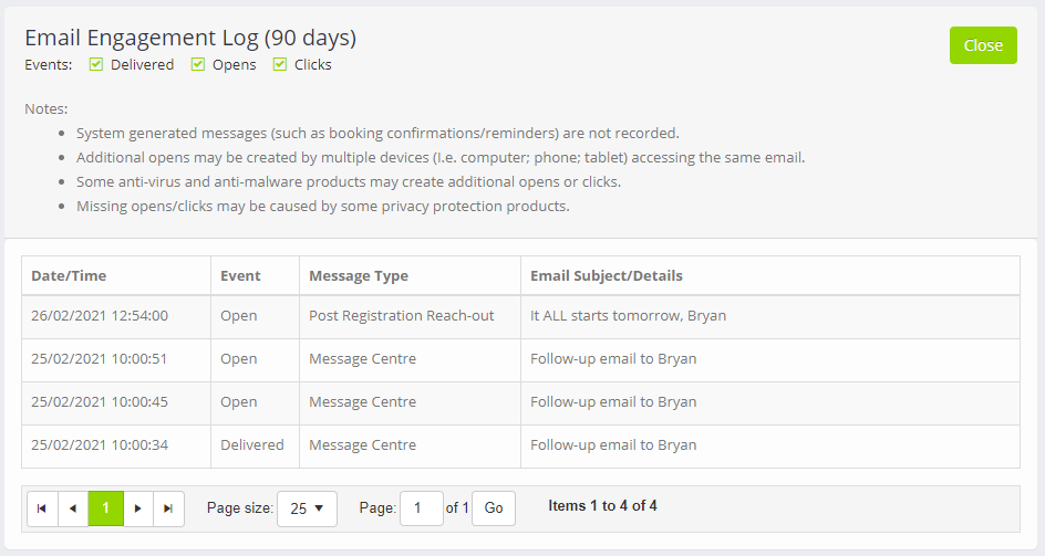 Email engagement log